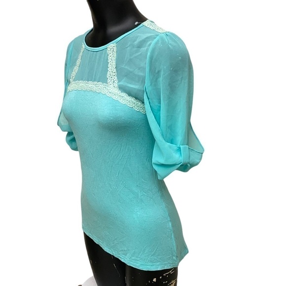 Society Girl Turquoise Chiffon Lace Top Size Medium - Picture 2 of 4